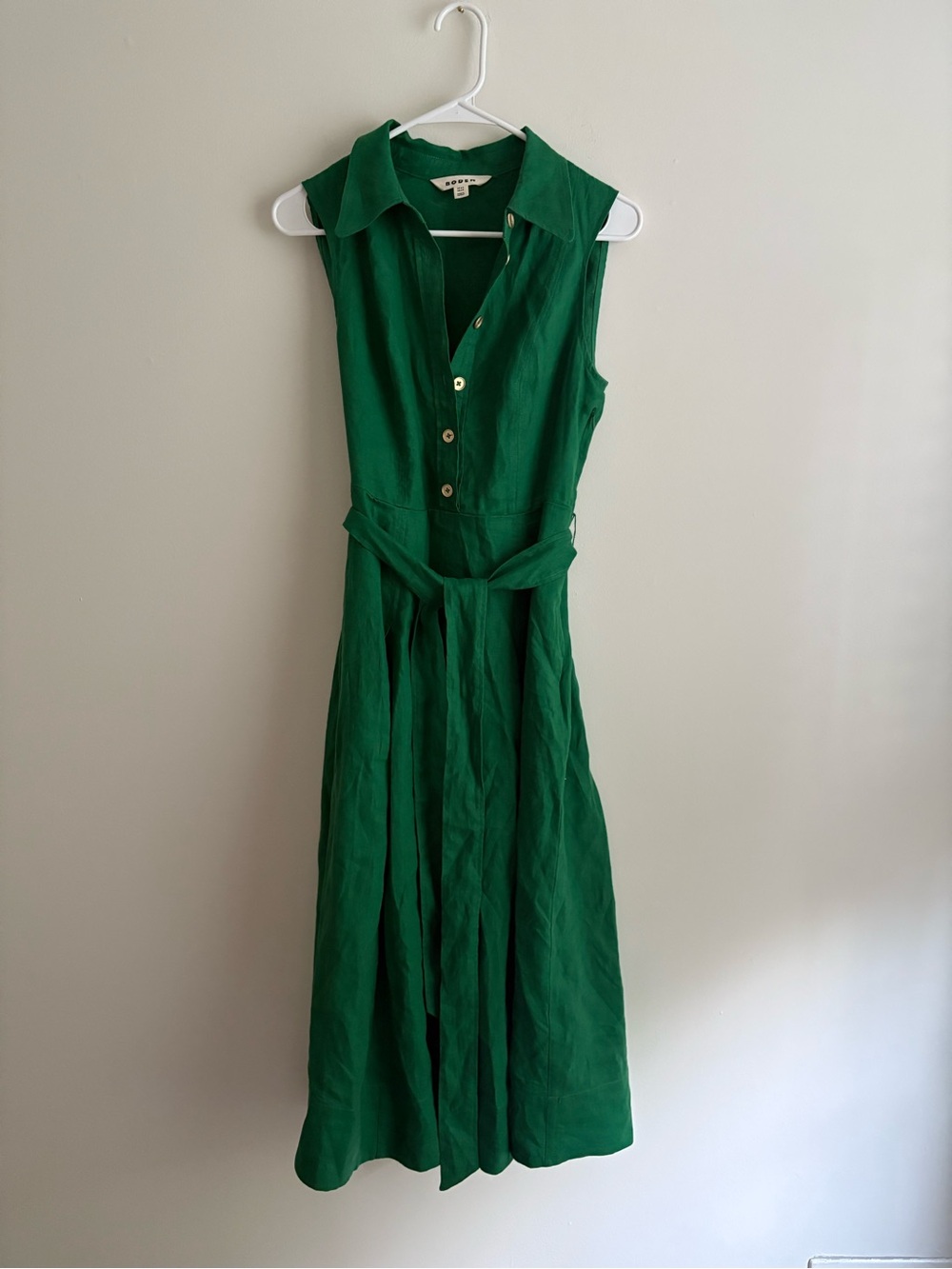 Boden Sleeveless Green Button-Front Belted Midi Dress 100% Linen